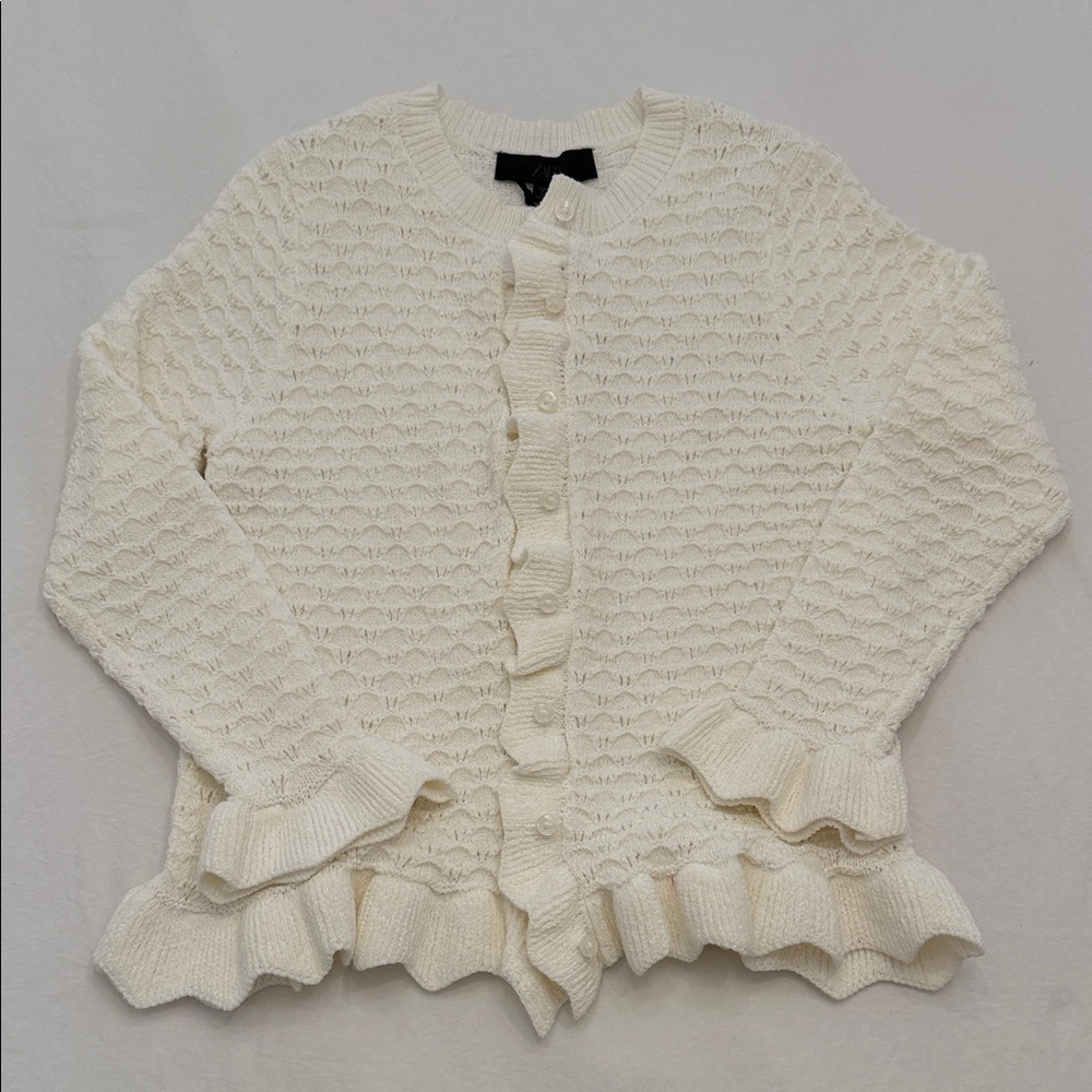 Zara Cream Textured Cardigan with Ruffles